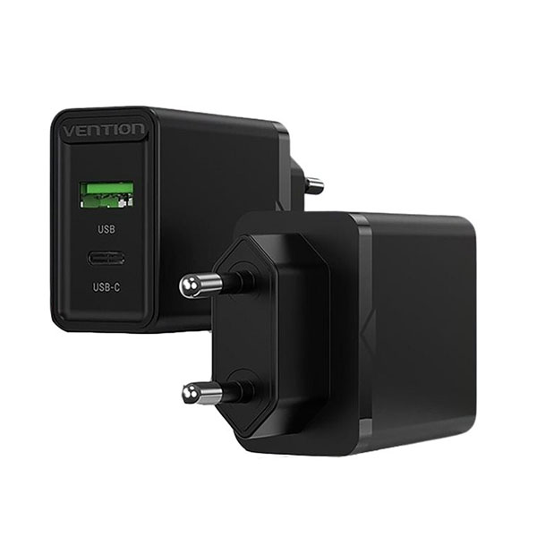 image of VENTION FBBB0-EU Two-Port  USB(A+C) Wall Charger (18W/20W) EU-Plug Black with Spec and Price in BDT