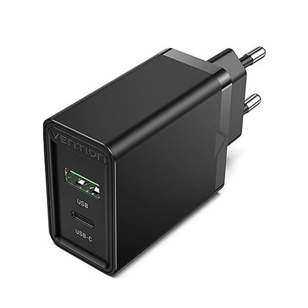 image of VENTION FBBB0-EU Two-Port  USB(A+C) Wall Charger (18W/20W) EU-Plug Black with Spec and Price in BDT