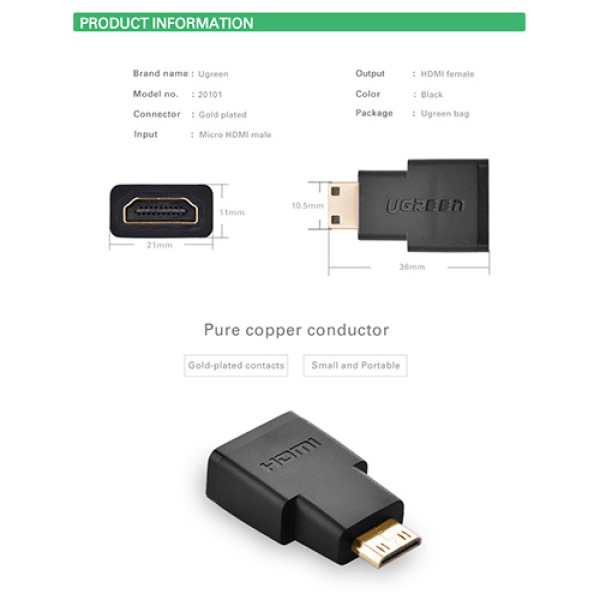 image of UGREEN 20101 Mini HDMI Male to HDMI Female Adapter - Black with Spec and Price in BDT