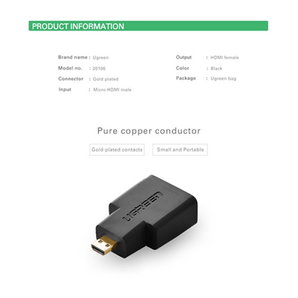 image of UGREEN 20106 Micro HDMI Male to HDMI Female Adapter - Black with Spec and Price in BDT