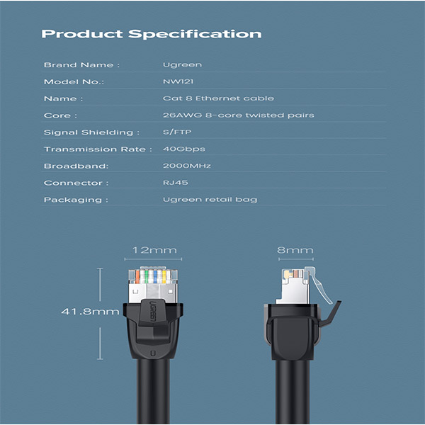 image of UGREEN NW121 (70616) CAT8 Ethernet Cable - 10M with Spec and Price in BDT