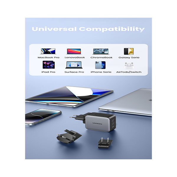 image of UGREEN CD296 (90409) 3-Port 65W GaN Fast Charger with Spec and Price in BDT