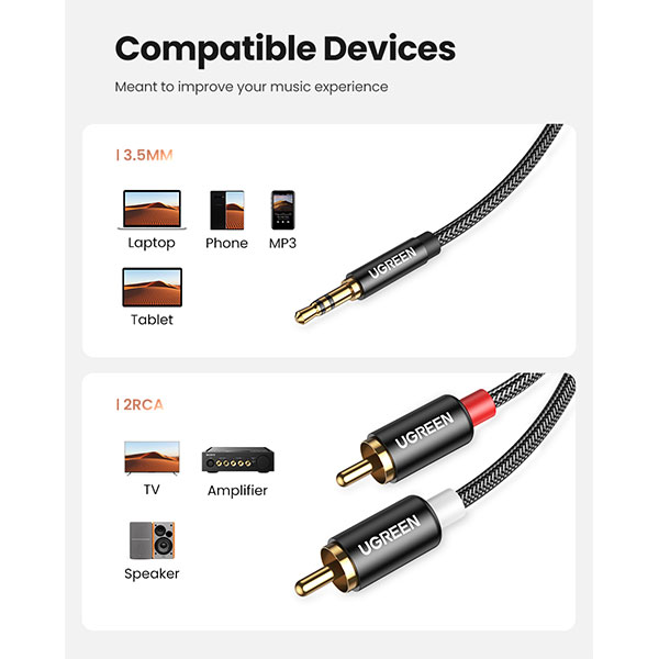 image of UGREEN AV116 (10584) 3.5mm to 2RCA Cable - 2M with Spec and Price in BDT