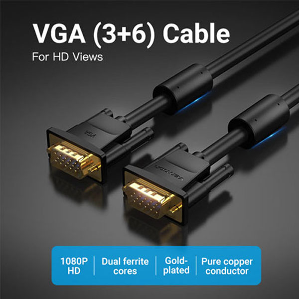 image of VENTION DAEBJ  VGA(3+6) Male to Male Cable with ferrite cores 5M Black with Spec and Price in BDT