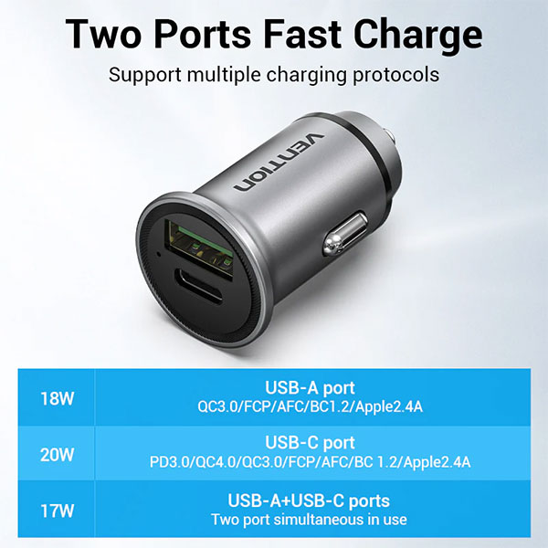 image of Vention FFBH0 Two-Port USB Car Charger with Spec and Price in BDT