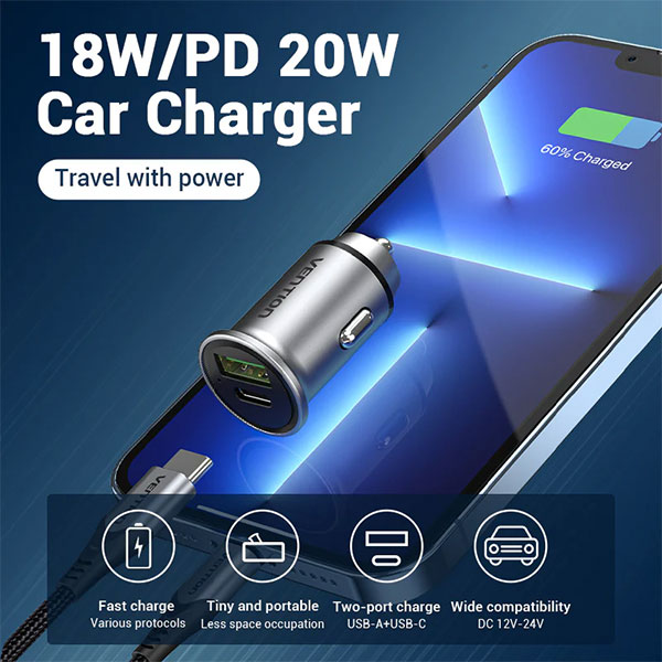 image of Vention FFBH0 Two-Port USB Car Charger with Spec and Price in BDT