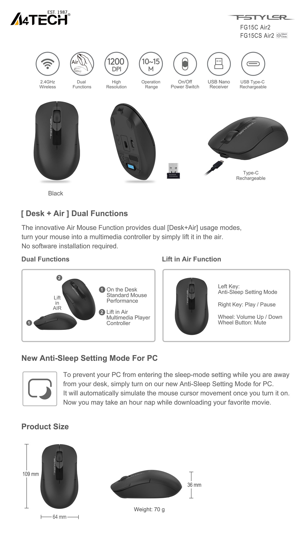 A4tech Fstyler FG15C Air2 Wireless Rechargeable Dual-Function Air Mouse Price in Bangladesh